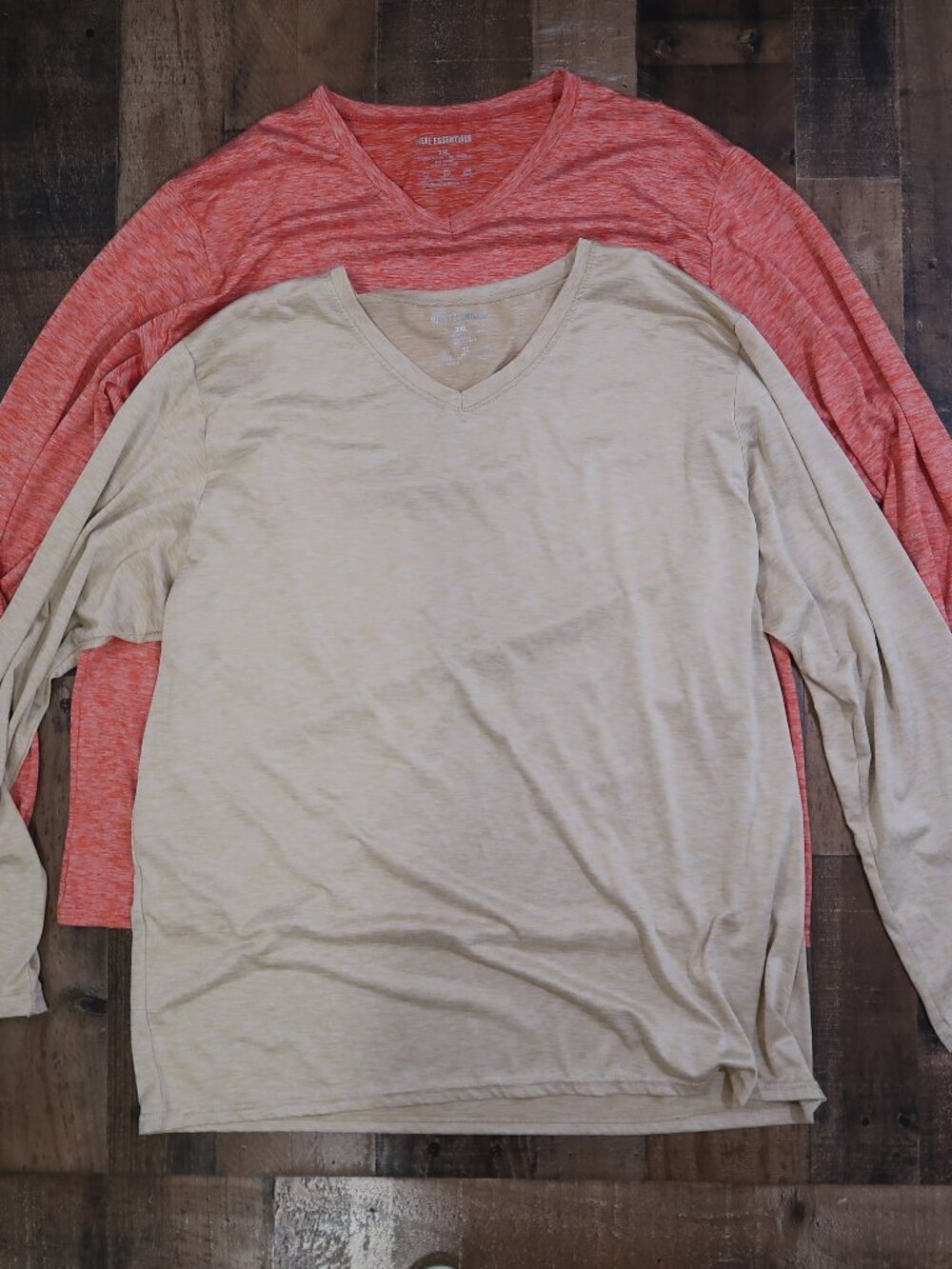 2 Pack Real Essentials Mens 3XL Long Sleeve V Neck Sunshirt Rashguard Orange Tan